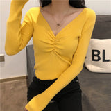 Dodobye Sexy V Neck Women Sweater Autumn Knitted Pullover Jumper Chic Soft Korean Slim Long Sleeve Female Basic Top New