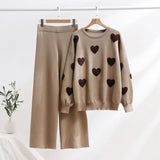 Dodobye Heart Printed Knitted Sweater Pants Sets Women Long Sleeve Oversize Pullover High Waist Wide Leg Trousers Suits 2 Pieces Outfits