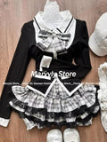 Dodobye Gothic Y2k Vintage Preppy Style 2 Piece Set Women Sweet Bow Knitted Cardigan Ruffles Plaid Mini Skirt Fashion Lolita Outfits New