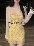 Dodobye 2025 Autumn Sweet Korean Fashion Suit Woman Thin Casual Cardigan + Floral Strap Y2k Mini Dress Party Beach Elegant Dress Chic