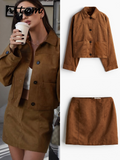 Dodobye Vintage Short Suede Jacket Mini Skirt Set Women Lapel Single Breasted Crop Coat A-line Skirts 2024 Autumn Lady Commute Outfit