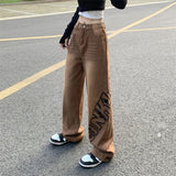 Dodobye Vintage Y2k Letter Brown Jeans Women Streetwear High Waist American Denim Pants Loose Hip Hop Harajuku Bf Retro Trousers