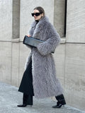 christmas outfit Dodobye Women's Fashion Grey Warm Faux Fur Long Coat 2024 Luxury Lapel Full Sleeve Thick Fluffy Overcoat Winter Casual Female Streetwear