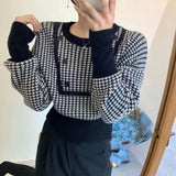 Dodobye Houndstooth Vintage Sweaters Women Long Sleeve Casual Patchwork Knitted Jumpers Korean Loose O Neck Retro Buttons Pullovers