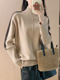 christmas outfit Dodobye High-Low Long Sleeves Contrast Color Split-Joint Split-Side High Neck Pullovers Sweater Tops