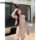 Dodobye Japanese Y2k Sweet Spicy Small Satin Textured Floral Lace Camisole Dress Casual Slim Fit Cardigan Two-piece Sets Платье