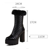 thanksgiving outfit Dodobye Women Knight Boots Round Toe Block Heels 11cm Platform Hill Fur Mid Calf Bota Size 47 48