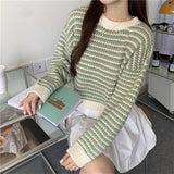 Black Friday Dodobye Korean Striped Sweater Women Loose Lazy Fall Winter O-Neck Knitted Pullover Harajuku Sweet Pretty Style School Jumpers Tops