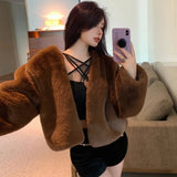 thanksgiving outfit Dodobye Plus Size Winter Korean Style Leather Alternative Eco-Friendly Plush Jacket High-End Thickened Cropped Overcoat For Plus Size