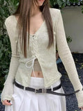 Dodobye-Vintage Cross Lace Up V Neck Long Sleeve Knit