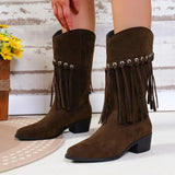 Dodobye New Women Vintage Fringe Boots Low Chunky Heel Pointed Toe Winter Boots High Quality Female Western Cowboy Boots Platform Shoes