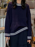 Dodobye-Striped Trim Cable Knit Pullover Sweater