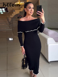 Dodobye Elegant Knit Off Shoulder Midi Dress Women Slim Slash Neck Long Sleeve Hip Package Female Dresses 2024 Autumn Lady Casual Robes