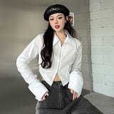 Dodobye Slim Cropped White Shirt Women Long Sleeve Sexy Chic Double Zippers Blouse Fall Female Long Sleeve Hip Hop Streetwear Tops