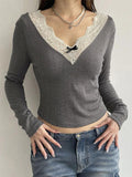 Dodobye-Lace Trim Splice V Neck Long Sleeve Knit