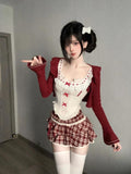 Dodobye Japanese Sweet 3 Piece Set Outfits Women Causal Short Cardigan + Cute Lace Floral Bow Vest + Kawaii Plaid Mini Skirt 2025 Summer