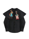 Dodobye Vintage Shirt Women Black 2025 Spring Long Sleeve Casual Oversized Streetwear Sweet Cute Rabbit Print Blouse Fashion Female Tops