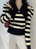 Dodobye-Striped Puff Sleeve Knit Sweater