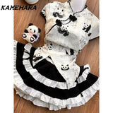 Dodobye Cute Girl New Chinese Panda Print Tops High Waist Slimming Fluffy Cake Skirts Maid Apron Sweet Sets Кастюмы Для Женщин