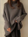 christmas outfit Dodobye Casual Long Sleeves Loose Split-Side Solid Color High-Neck Sweater Tops