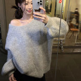 Black Friday Dodobye Bow Sexy Backless Women Sweater Knitted Reversible Gray Loose Lazy Chic Pullover Simple Harajuku Sweet Student Jumpers