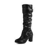 thanksgiving outfit Dodobye Classic Women Knee High Boots Round Toe Block Heels 7.5cm 51 52 Pleated Fashion Booties