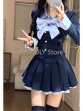 Dodobye New Vintage Blue Stripe Patchwork Elegant Long Sleeve Mini Dress Women College Style Button Pleated Short Dress Fashion Trend