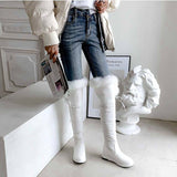 thanksgiving outfit Dodobye Womans Thigh Boots Snow Shoes Thick Heels Slip On Big Size 42 43 Plush Furry Waterproof Booty Concise