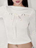 Dodobye-Ribbed Bow Lace Up Flare Long Sleeve Knit