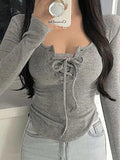 Dodobye-Solid Lace Up Curvy Hem Long Sleeve Knit