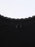 Dodobye-Off Shoulder Lace Splice Bow Decor Long Sleeve Tee