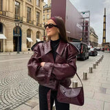 christmas outfit Dodobye 2025 Winter Autumn Vintage Faux Leather Jacket Coat Chic Short Belt Bomber Jackets for Women Wine Street Outwear