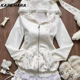 Dodobye Sweet Girl Cute Hooded Ear Set Lace Up Hoodie Jacket Fashionable High Waisted Cake Skirt Spring Autumn Y2k 2 Piece Set