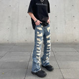 Dodobye Men's American Vintage Distressed Jeans High Street Straight Tube Loose Fitting Pants Ripped Denim Trendy Y2k 1017