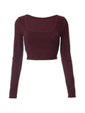 Dodobye-Solid Square Neck Cropped Long Sleeve Knit