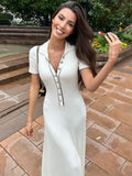 Dodobye Ladies White Fashion Knit Summer Dress Women Short Sleeve Patchwork Elegant Party Dress Lapel High Waist Knitwear Women Dresses