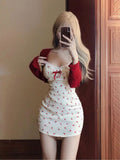 Dodobye Korean 2 Piece Dress Sets Women Casual Knitted Short Cardigan + Outwear Elegant Sweet Floral Strap Mini Dress Chic 2025 Spring