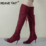 thanksgiving outfit Dodobye REAVECAT Motorcycle Boots Pointed toe Thin heels Flock Cross-tied Big size 34-48 Club Party A3104