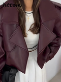 Dodobye Fashion Women's Burgundy Crop Leather Jacket Vintage Lapel Pockets Long Sleeve Coat 2024 Autumn Winter Lady Street Loose Outwear