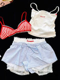 Dodobye Woman New Korean Fashion Lace 4 Piece Set Spicy Girls Y2k Elastic V Neck Sling Plaid Top + Casual  Bow Short Pants Chic