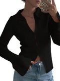 Dodobye-Solid Rib V Neck Flare Sleeve Cardigan