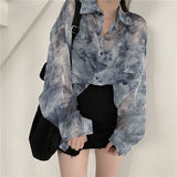 Dodobye Vintage Shirt Women Harajuku Tie Dye Print Korean Loose Casual Chiffon Blouse Autumn Holiday Transparent Gothic Hippie Top