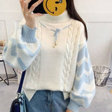 Black Friday Dodobye Twisted Turtleneck Pullover Sweater Women Lantern Sleeves Striped Pactchwork Fall Winter Warm Knitted Sweater Casual Lazy Tops