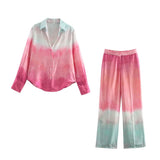 Black Friday Dodobye Autumn New Product Women's Fashion Silk Texture Tie Dyeing Printed Shirt High Waist Wide Leg Pants Set