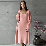 Black Friday Dodobye Casual Knitted Sling Dresses Cardigan Set Women Loose Solid V-neck Knitwear Long Open Sweater Woman's Sets Autumn Chic Oufits