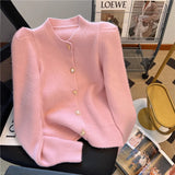 Black Friday Dodobye Sweet Knit Sweater Women Puff Sleeve Gentle Soft Pink Chic Button Top Elegant Gold Single -Breasted Pretty Style Cardigan