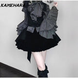 Dodobye Japanes Gothic Style Striped Hime Strap Lolita Ears Lamb Hair Coat Plush Plaid Inner Top Half Skirt Girl Socialite Sets