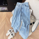 Dodobye Fashion Bow Print Jeans Women High Waist Loose Sweet Casual Denim Pants Korean Chic All Match Female Fall Straight Pants