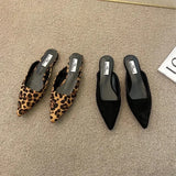 Dodobye Women Slippers Pointed Toe Leopard Design Shallow Slip on Thin Low Heels Black Flock Design Casual Mules Loafers Black Outdoor