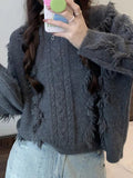 Dodobye-Solid Tassel Cable Knit Sweater